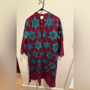 Crochet Midi Dress in Burgundy and Teal by